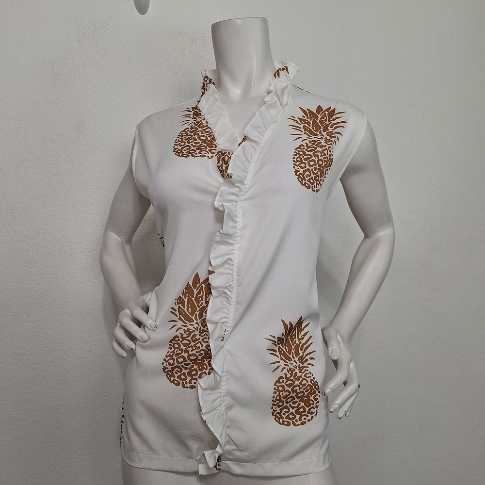White Brown Pineapple Print Tropical V-Neck Ruffle Novelty Print Blouse Size XL